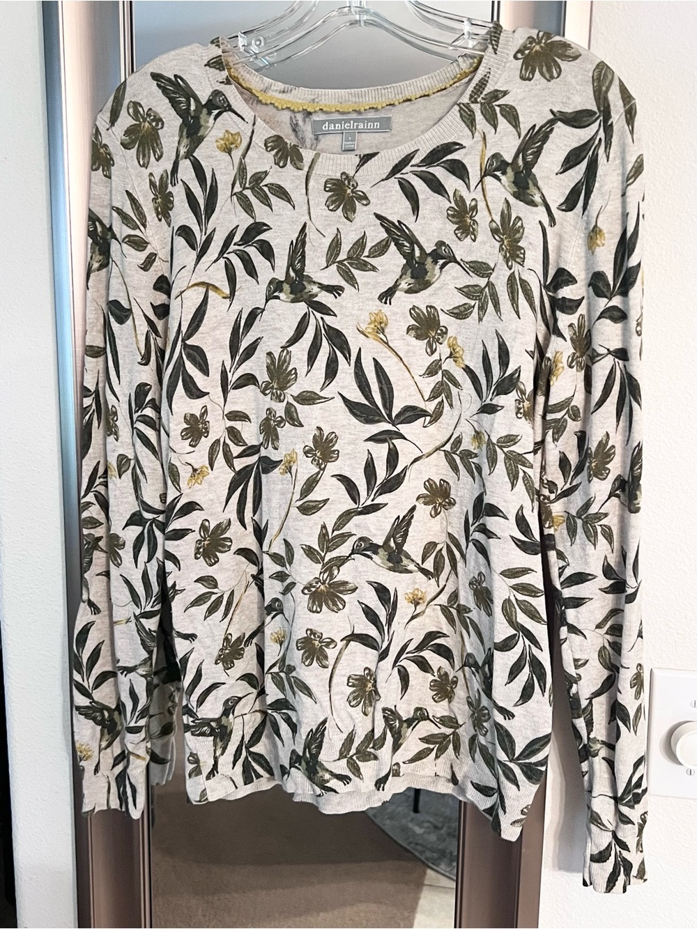 Daniel Rainn Cream Crewneck Sweater with Green & Gold Hummingbird Print